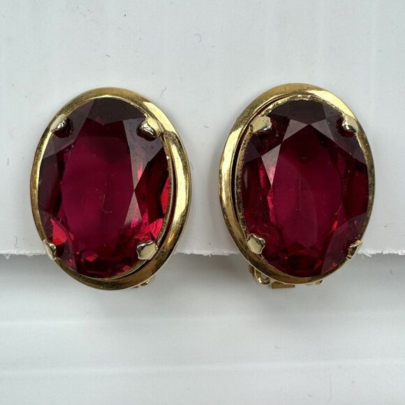 Vintage Pink Oval Rhinestone Clip On Earrings Prong Set Estate - Picture 7 of 8